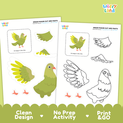 Green Pigeon Cut and Paste Craft and Coloring Activity Worksheets