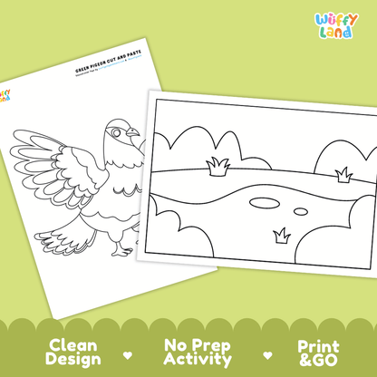 Green Pigeon Cut and Paste Craft and Coloring Activity Worksheets