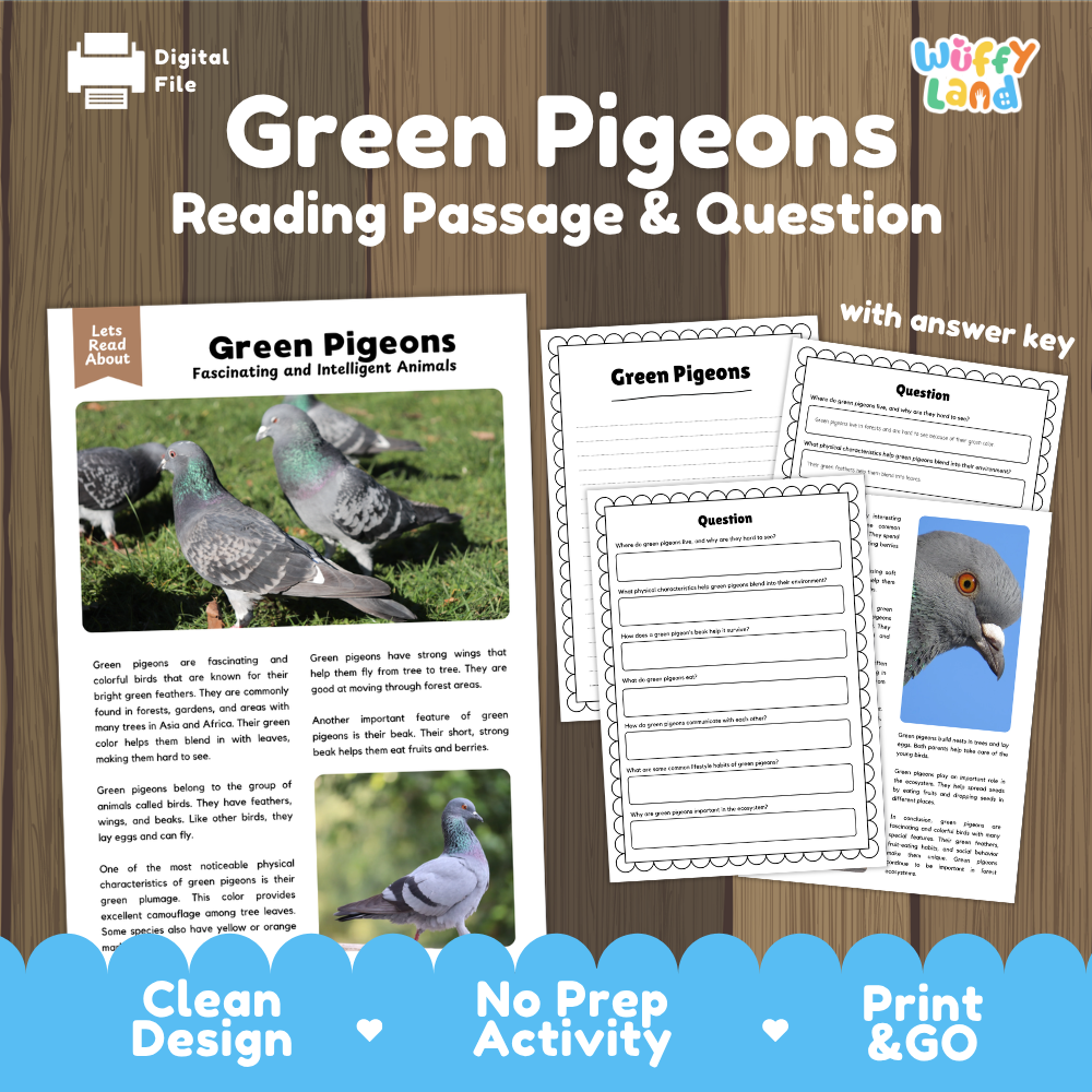 Digital reading activity sheet set titled 'Green Pigeons Reading Passage & Question' on a wood background, showing a colored text passage with bird photos, worksheet pages, and an answer key. Brand logo 'Wiffly Land' appears in the top right.