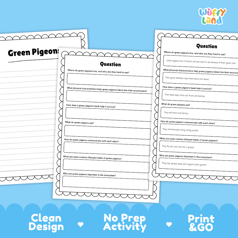 Green Pigeons Reading Passage and Comprehension Questions Worksheets with Answer Key