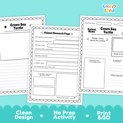 Three printable worksheet pages for animal research are shown on a bright aqua background. The pages include fields for an animal name, green sea turtle topics, written response boxes, and a drawing area.