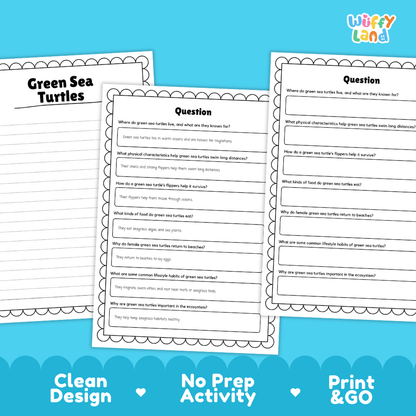 Green Sea Turtle Reading Passage and Comprehension Questions Worksheets
