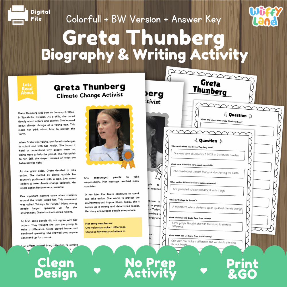Greta Thunberg Biography Reading Passage and Writing Activity Worksheets