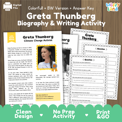 Greta Thunberg Biography Reading Passage and Writing Activity Worksheets