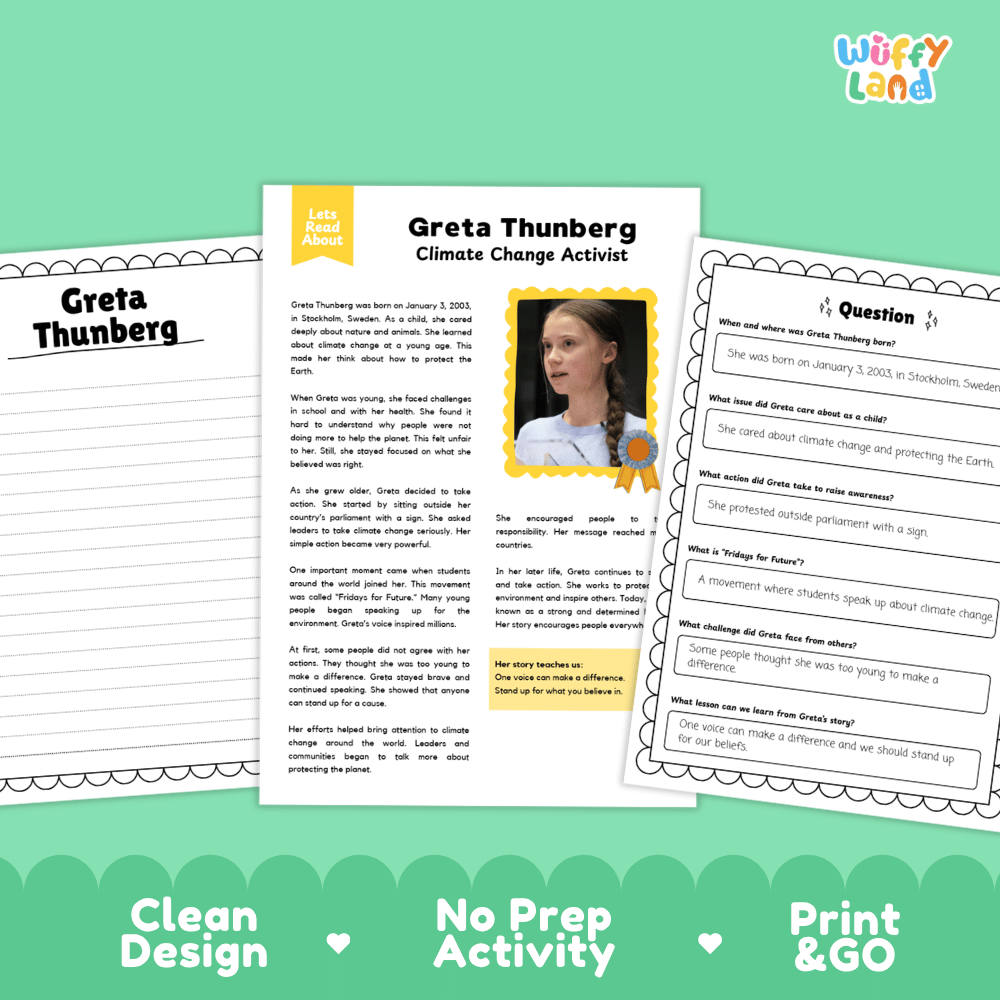 Greta Thunberg Biography Reading Passage and Writing Activity Worksheets