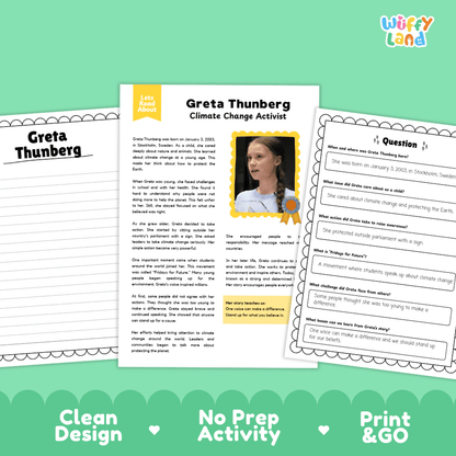 Greta Thunberg Biography Reading Passage and Writing Activity Worksheets