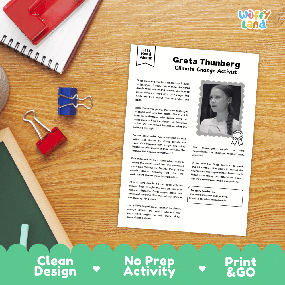 Greta Thunberg Biography Reading Passage and Writing Activity Worksheets
