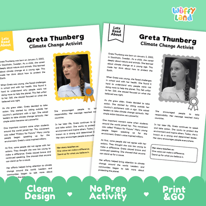 Greta Thunberg Biography Reading Passage and Writing Activity Worksheets