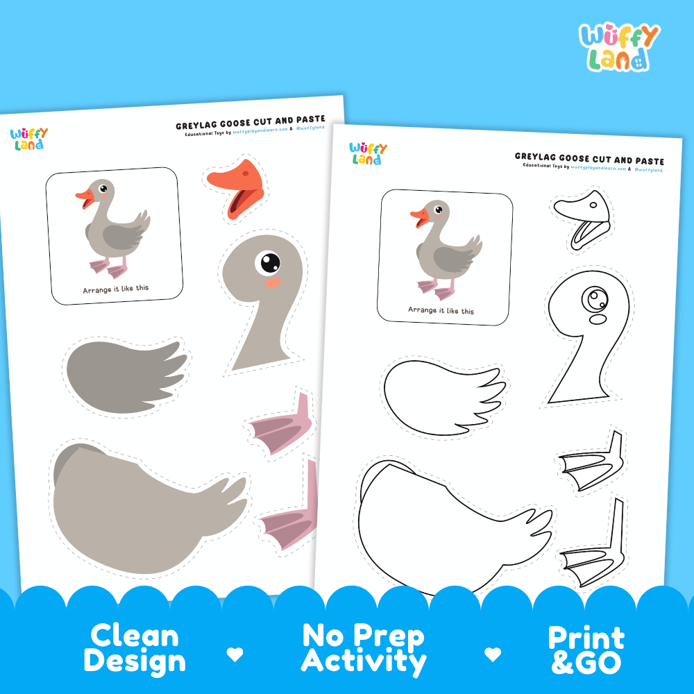 Greylag Goose Cut and Paste Craft and Coloring Activity Worksheets