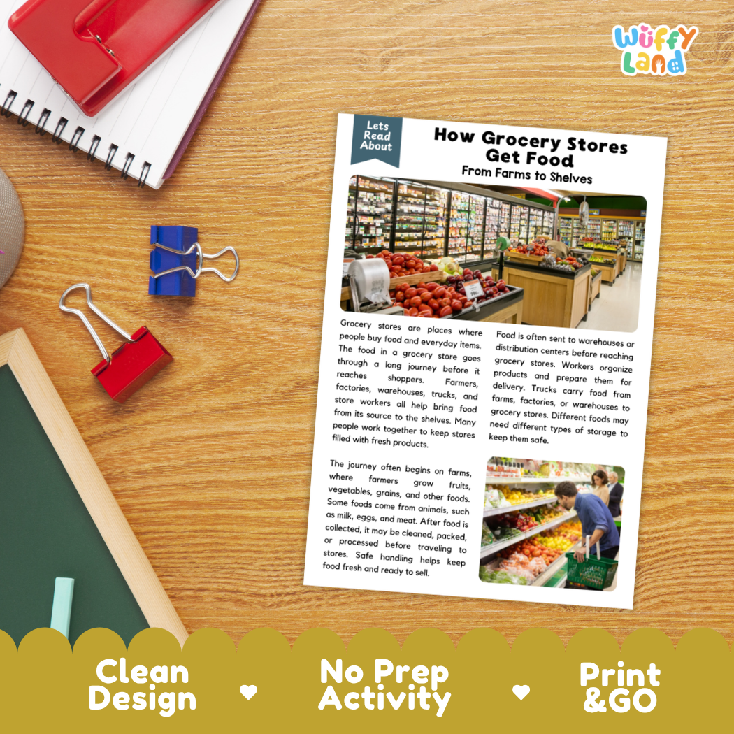 Printable student worksheet with short-answer reading comprehension questions covering grocery stores and food supply chains