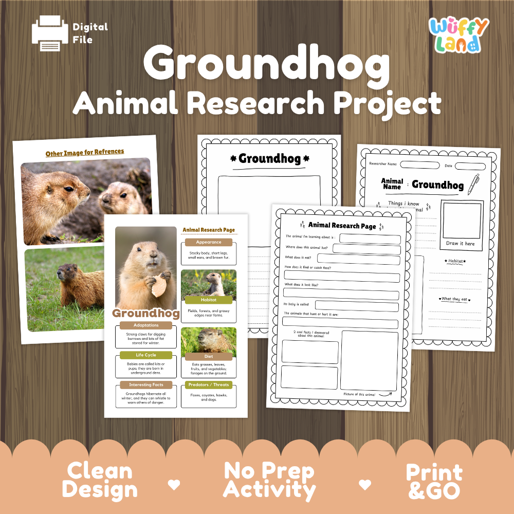 Digital printable activity sheets for a Groundhog Animal Research Project, shown on a wood background with the brand name 'Wiffly Land'. The image displays various worksheet pages, including an animal profile sheet, an image reference sheet, and an animal research page template.