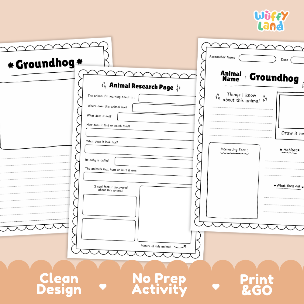 Three printable worksheet pages for a groundhog animal research activity, displayed on a peach background with promotional text at the bottom. The pages include fields for animal name, researcher name, date, written questions, a drawing area, and a habitat sketch.