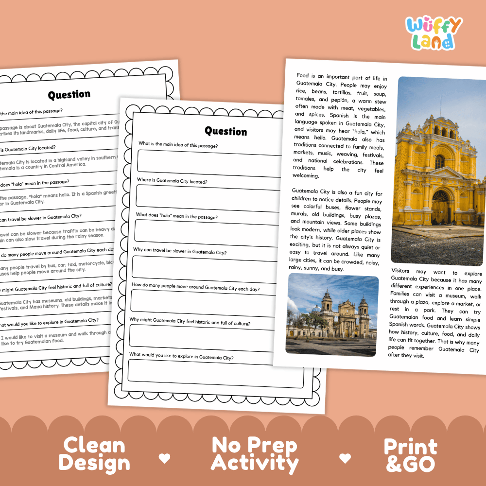 Student reading passage titled A City in the Highlands detailing Guatemala City National Palace of Culture Maya history volcanoes and city photography