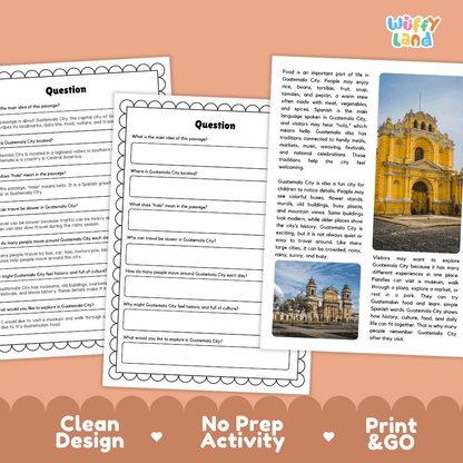 Student reading passage titled A City in the Highlands detailing Guatemala City National Palace of Culture Maya history volcanoes and city photography