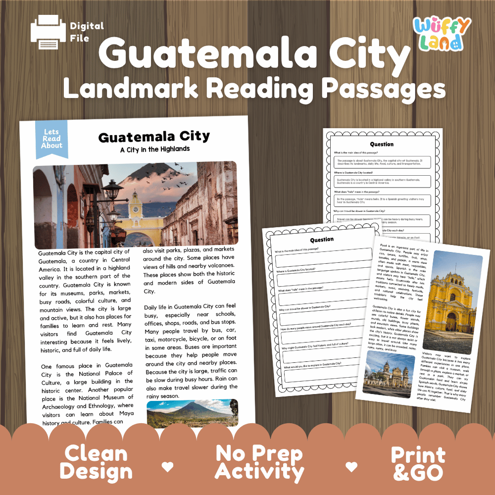Guatemala City landmark reading passage and comprehension worksheet educational unit featuring nonfiction text and authentic Guatemala highland city photography