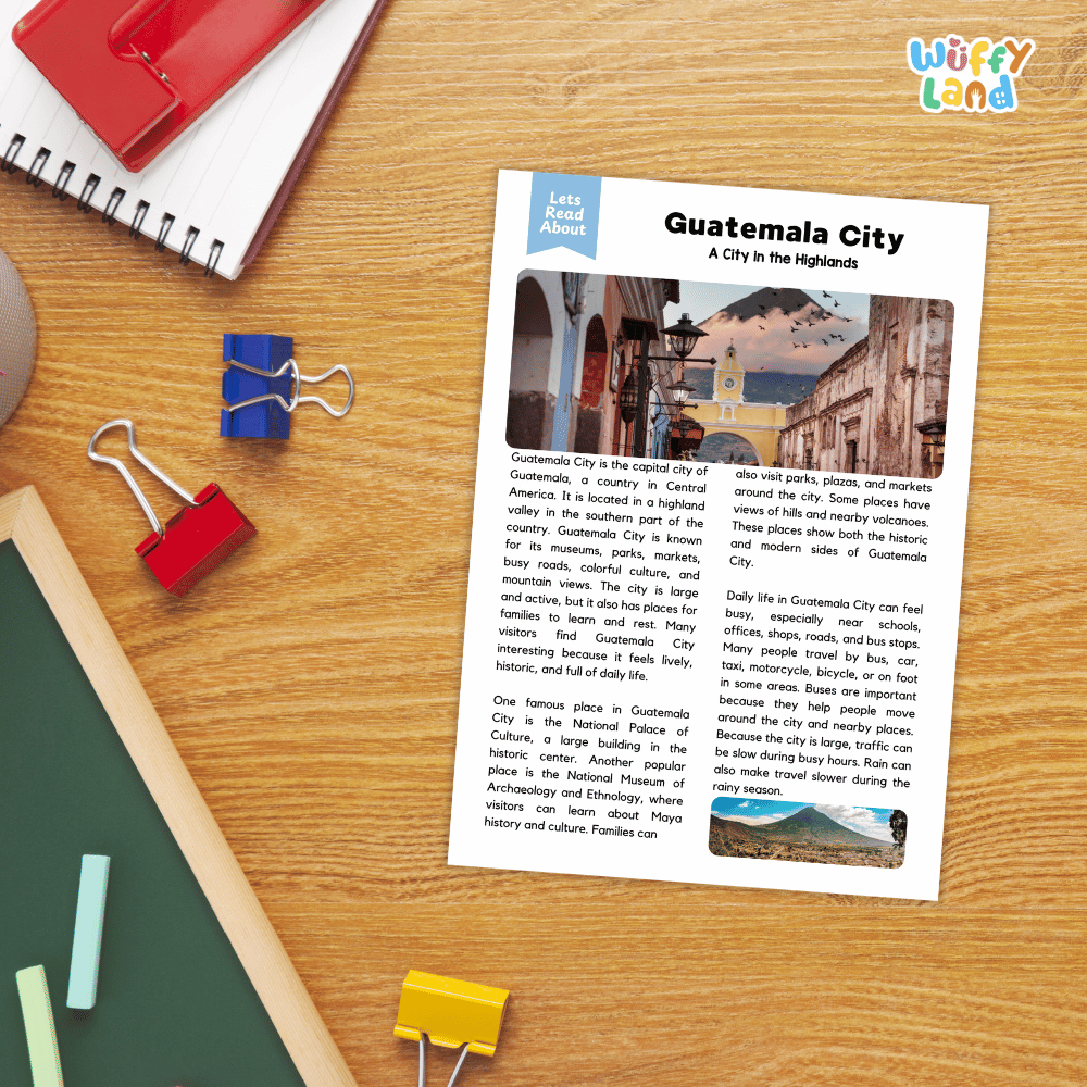 Lined reading comprehension question worksheet covering main ideas vocabulary terms and landmark facts about Guatemala City Guatemala