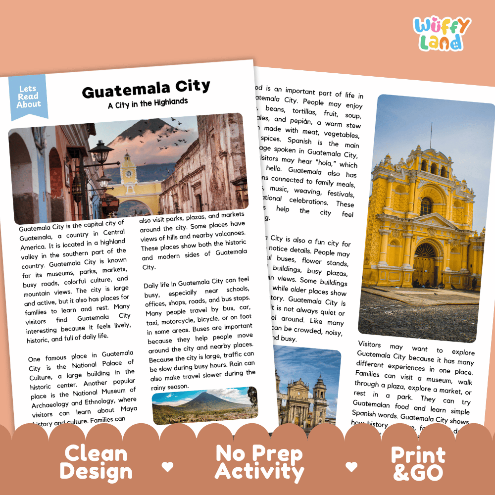 Reference sheet and answer key for Guatemala City landmark reading passage displaying completed comprehension answers and Central American geography facts