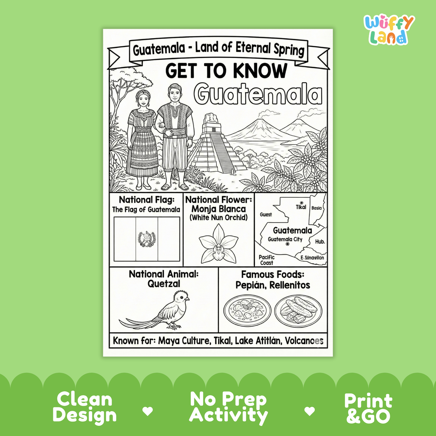 Guatemala Country Study Geography Coloring Page Worksheet Activity