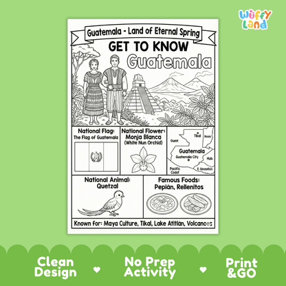 Guatemala Country Study Geography Coloring Page Worksheet Activity