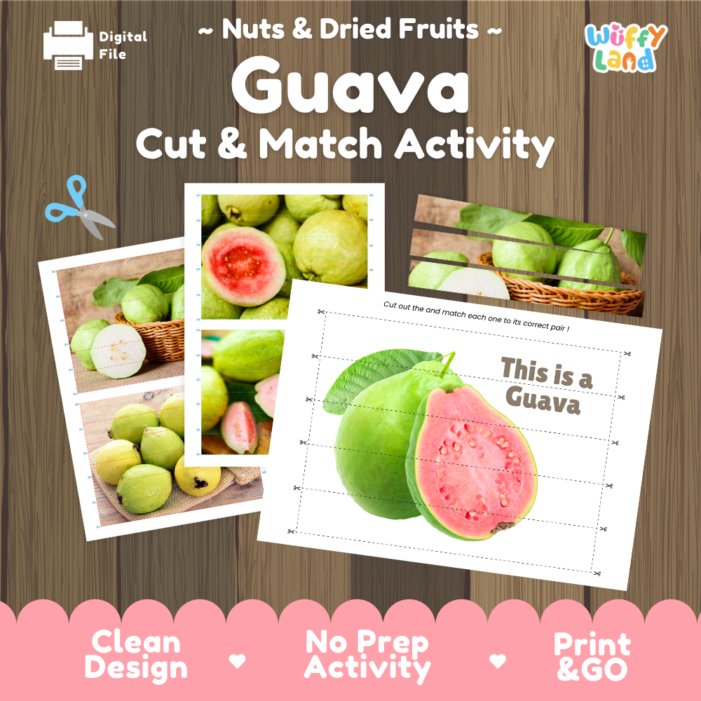 Guava cut and match activity cover showing printable fine motor puzzle sheets and fruit photographs