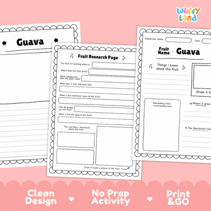 Three printable fruit research activity sheets for Guava displayed on a pink background with decorative text reading 'Clean Design', 'No Prep Activity', and 'Print & GO'. The sheets are black and white with writing areas, headings, and drawing boxes.