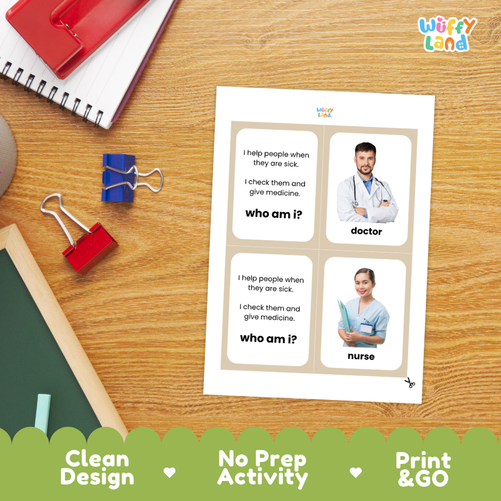 Close-up of community helper cards featuring descriptive text prompts and profession matching titles