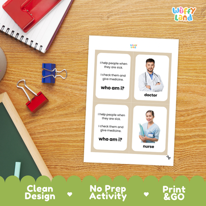 Close-up of community helper cards featuring descriptive text prompts and profession matching titles