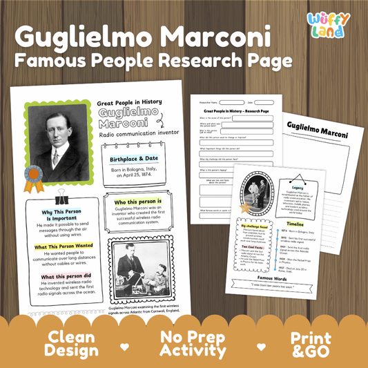 Educational worksheet set titled 'Guglielmo Marconi Famous People Research Page' on a wood background, showing printable activity sheets and a main poster with text, photos, and fill-in sections. Brand/logo 'wiffly land' appears in the top right.