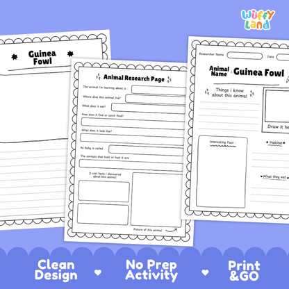 Three printable Guinea Fowl animal research activity sheets displayed on a blue background with the text 'Clean Design', 'No Prep Activity', and 'Print & GO'. The sheets are black and white with writing areas, labels, and a small 'wuffly land' logo in the top right.