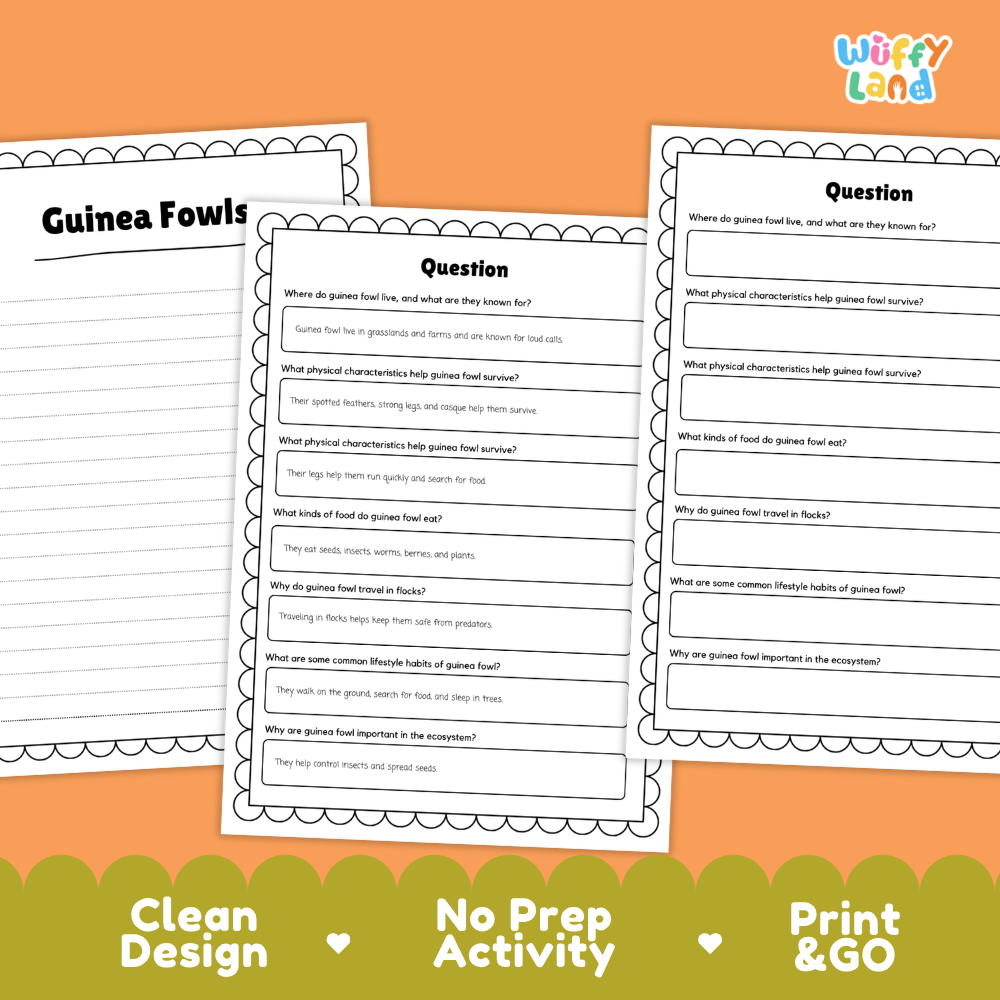 Guinea Fowl Reading Passage and Comprehension Questions Worksheets