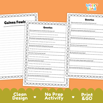 Guinea Fowl Reading Passage and Comprehension Questions Worksheets