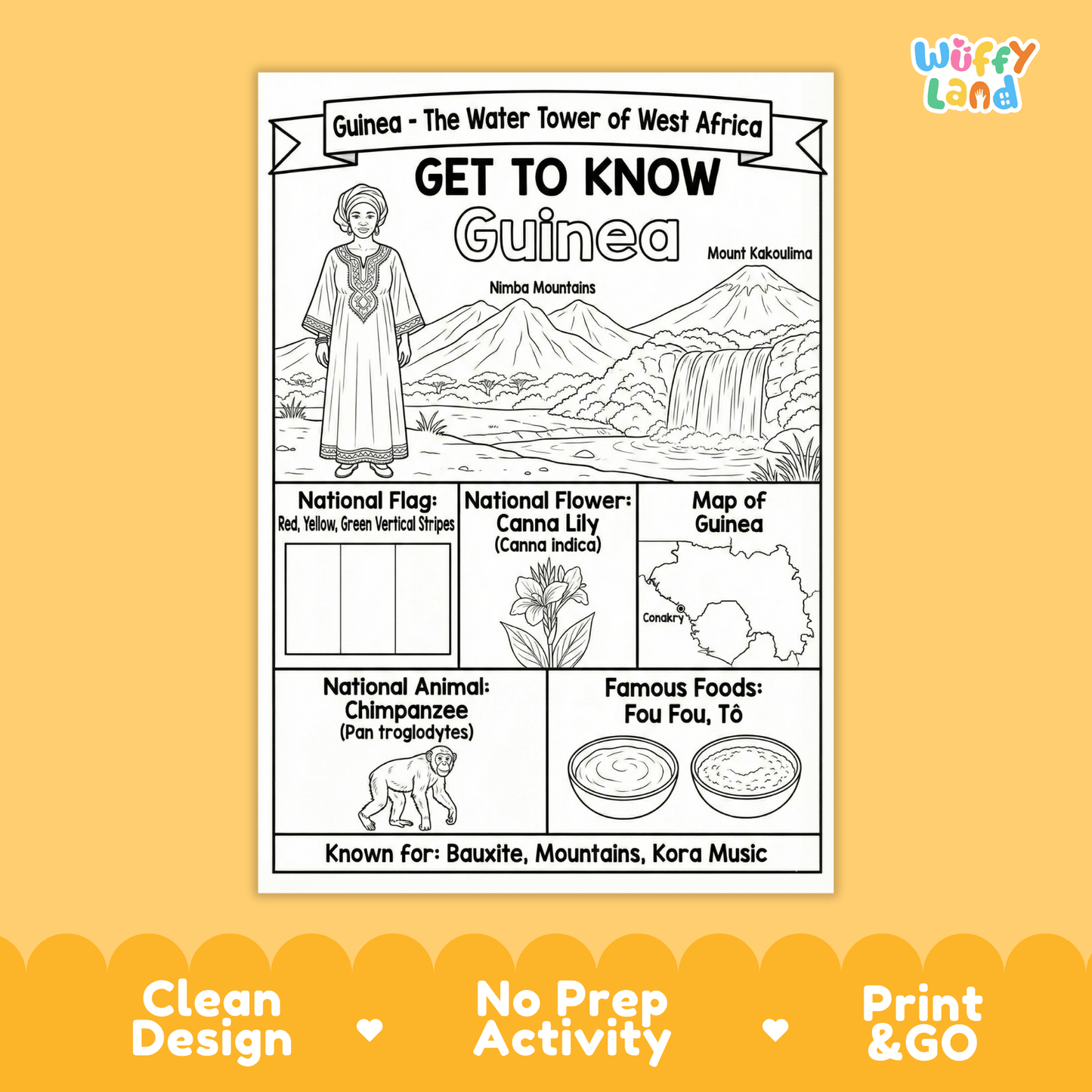 Guinea Country Study Geography Coloring Page Worksheet Activity | Africa
