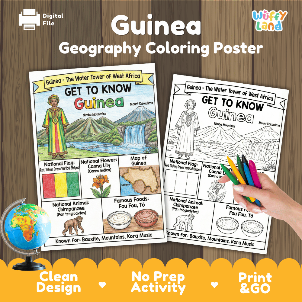 Guinea Geography Coloring Poster and Fact Sheet Printable Worksheets