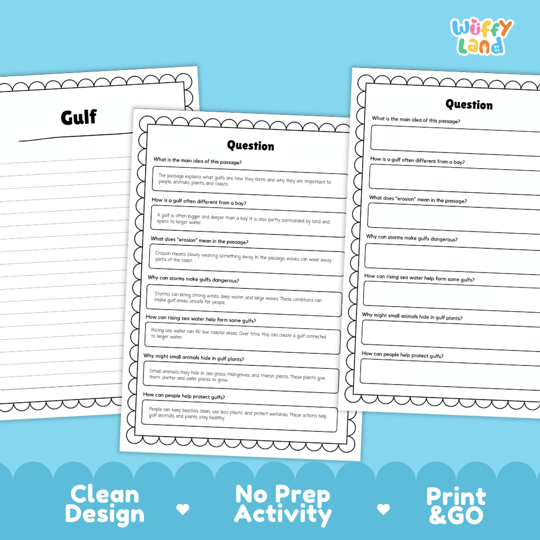 Three printable worksheet pages about gulls are shown on a bright blue background with promotional text reading 'Clean Design', 'No Prep Activity', and 'Print & GO'. The pages have a white background with black text and border lines, and the brand name 'Wiffy Land' appears in the top right.