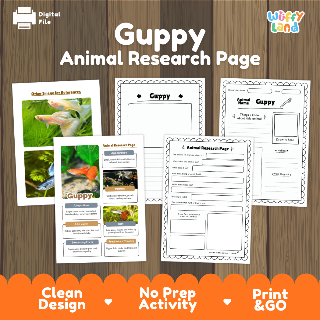 Guppy Animal Research Page Worksheets and Fact Sheet Activity