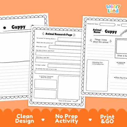 Guppy Animal Research Page Worksheets and Fact Sheet Activity