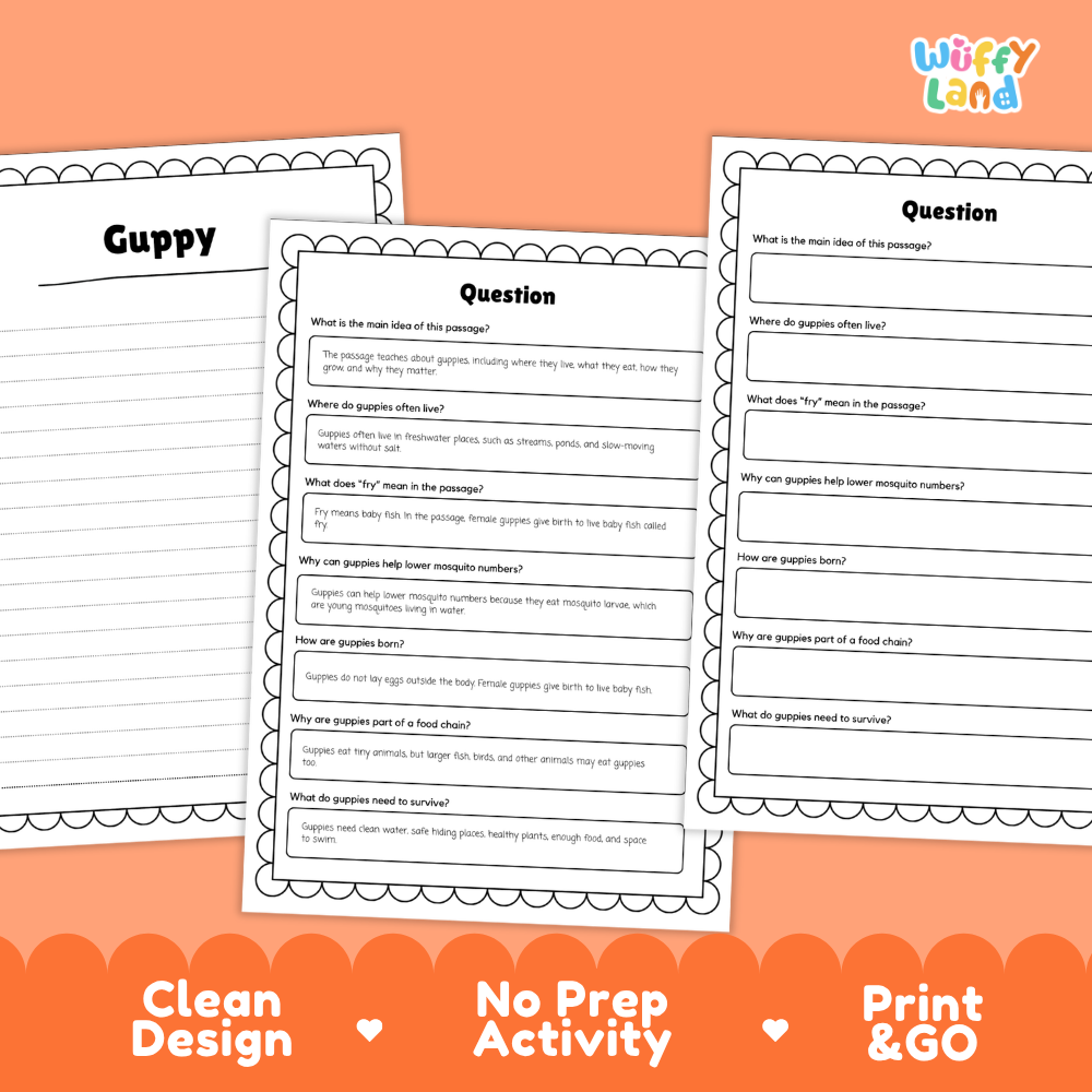 Guppy Reading Passage and Comprehension Questions with Answer Key