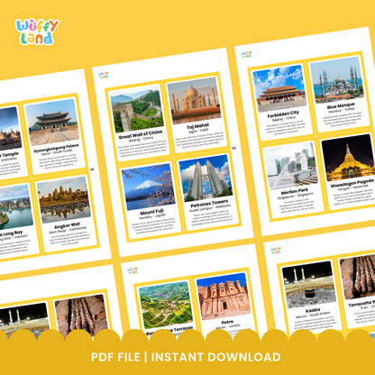 Flashcards featuring Gyeongbokgung Palace in South Korea Mount Fuji in Japan and Burj Khalifa in Dubai with fun facts