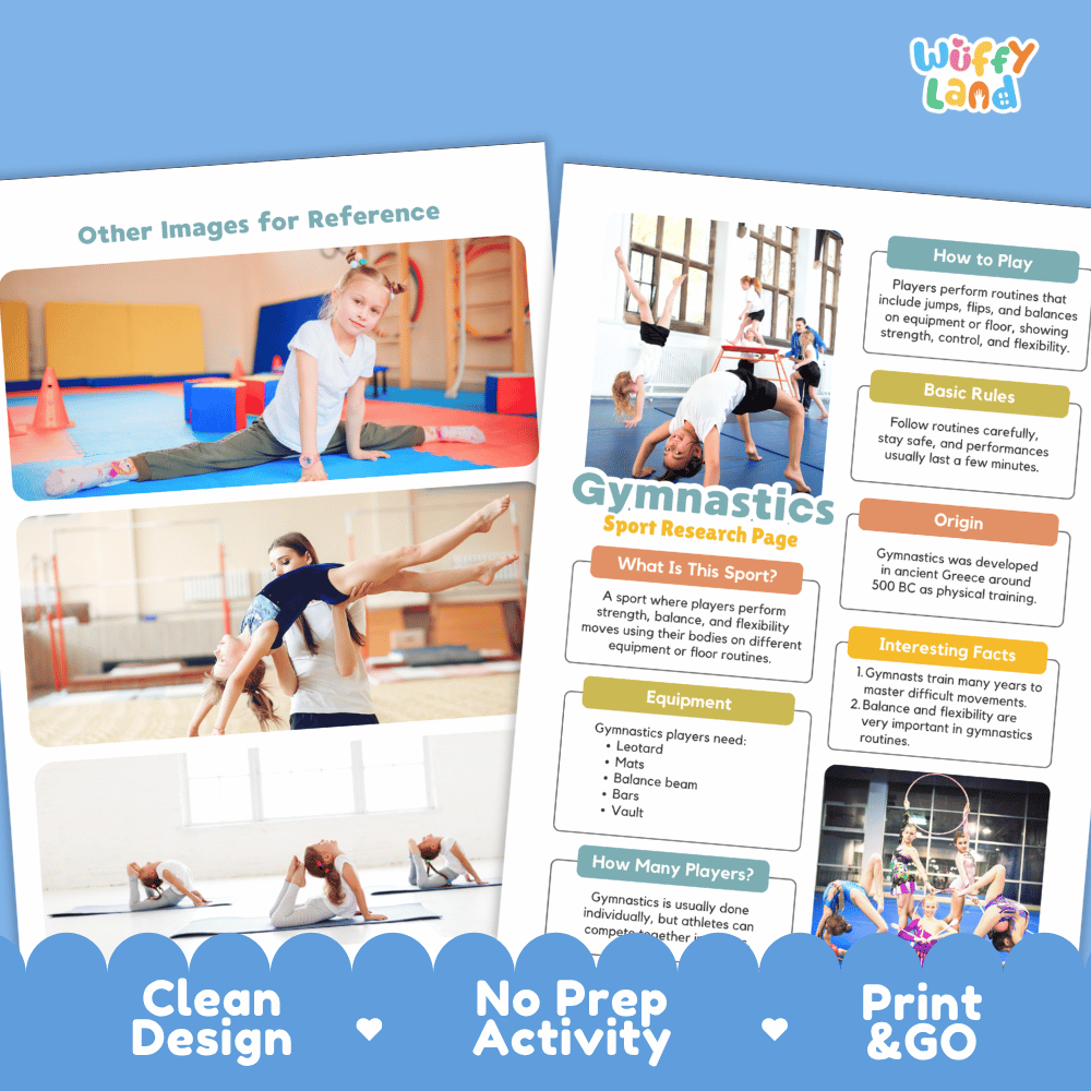 Gymnastics Sport Research Project Worksheets and Fact Sheet