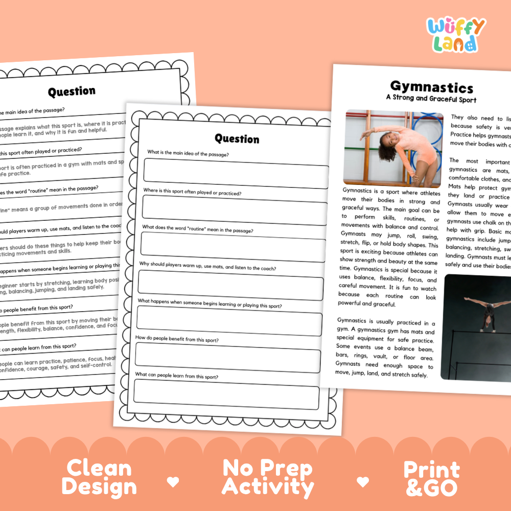 Gymnastics Sports Reading Passage and Comprehension Questions Worksheets