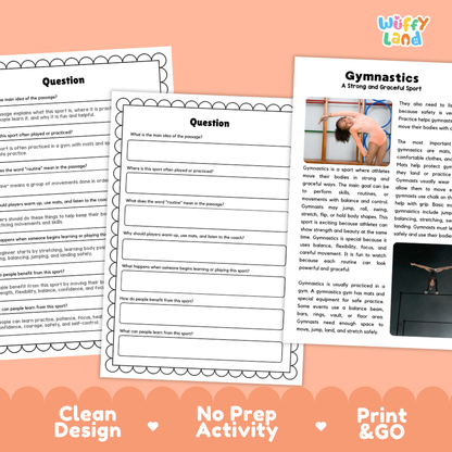 Gymnastics Sports Reading Passage and Comprehension Questions Worksheets