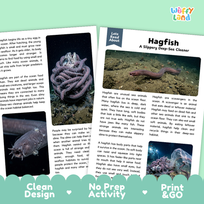 A children's educational poster about the hagfish, featuring two black-and-white photographs, several text panels, and the words 'Hagfish' and 'A Slippery Deep-Sea Cleaner.' The poster is shown at an angle on a white background with the brand name 'Wuffly land' in the top right corner.