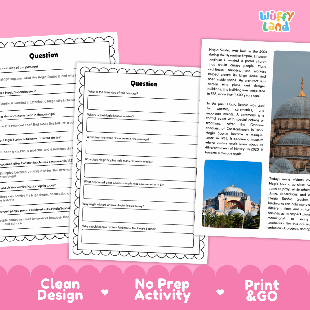 Hagia Sophia Landmark Reading Passages and Comprehension Worksheets