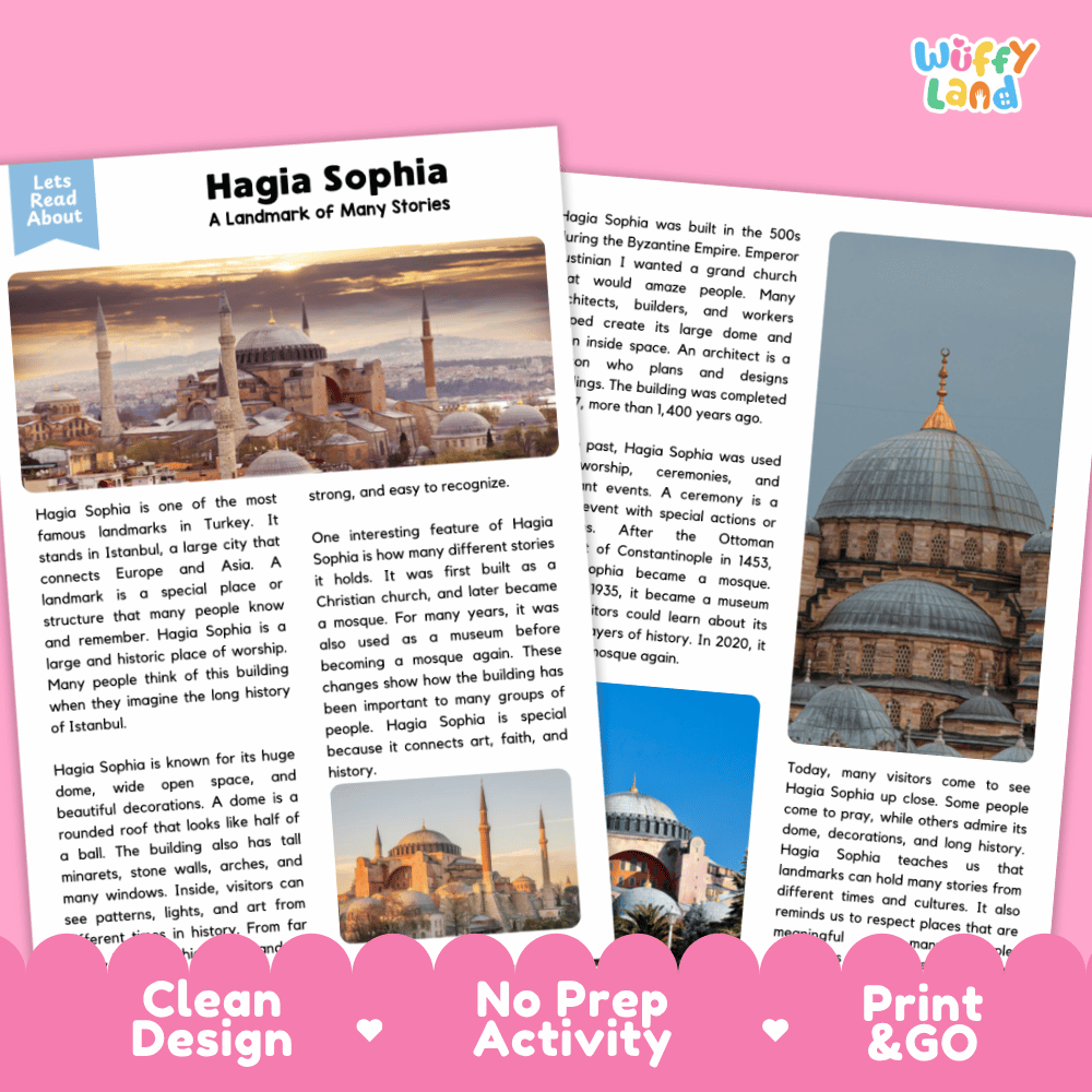 Hagia Sophia Landmark Reading Passages and Comprehension Worksheets