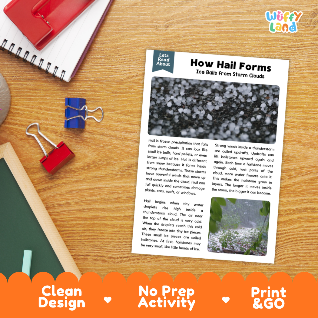 Printable student worksheet with short-answer reading comprehension questions covering hail and severe weather science