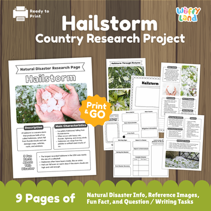 Printable hailstorm research worksheets for kids, including a natural disaster research page, vocabulary sections, picture prompts, main causes, characteristics, prevention steps, impacts, and example events. Pages show images of hail, damaged plants, and activity sheets for writing and labeling