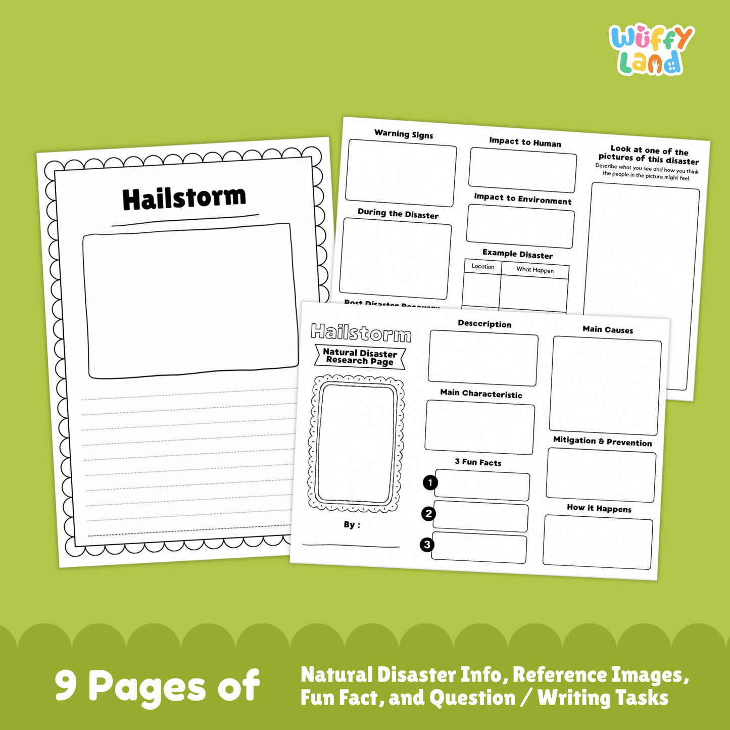 Printable hailstorm research worksheets for kids, including a natural disaster research page, vocabulary sections, picture prompts, main causes, characteristics, prevention steps, impacts, and example events. Pages show images of hail, damaged plants, and activity sheets for writing and labeling