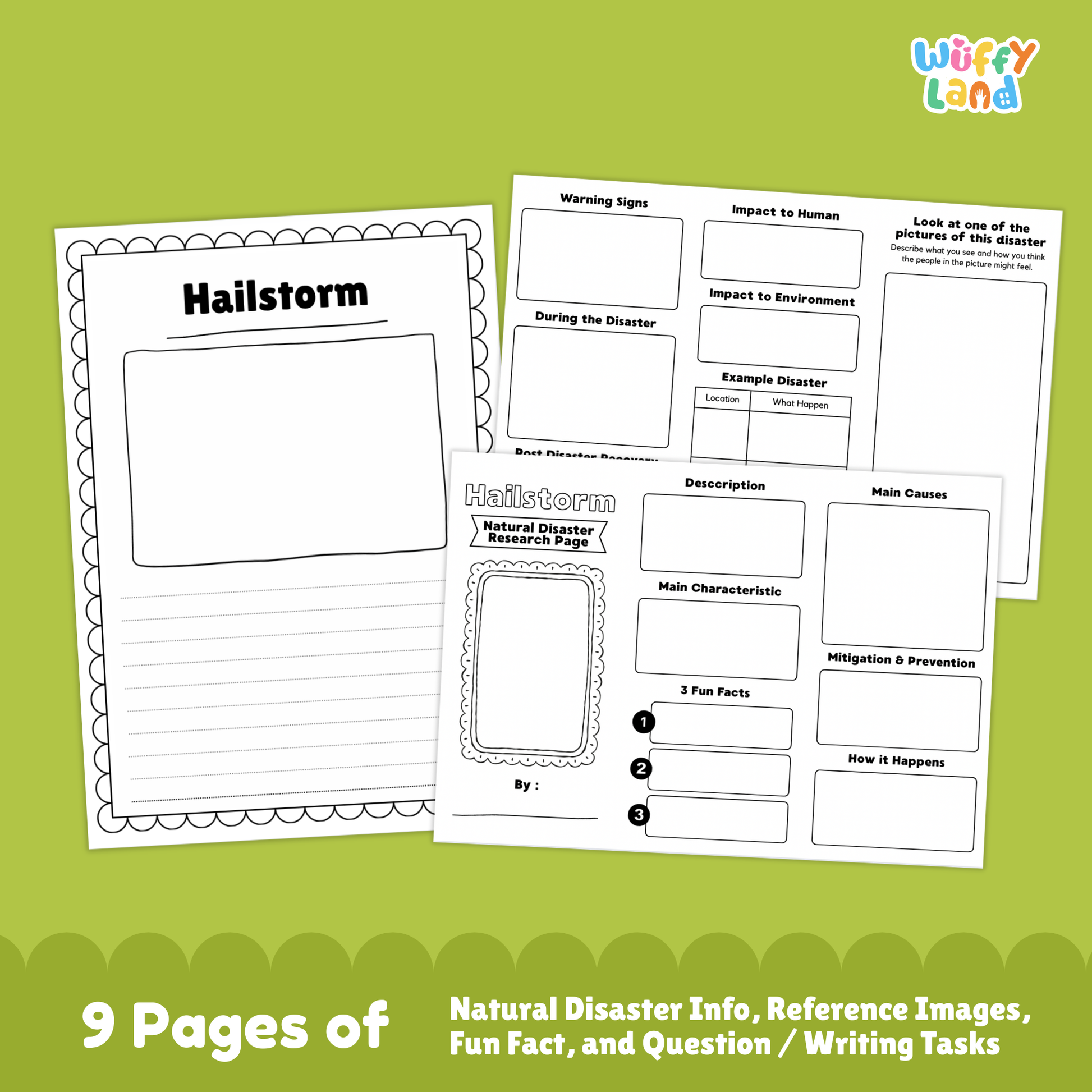 Printable hailstorm research worksheets for kids, including a natural disaster research page, vocabulary sections, picture prompts, main causes, characteristics, prevention steps, impacts, and example events. Pages show images of hail, damaged plants, and activity sheets for writing and labeling