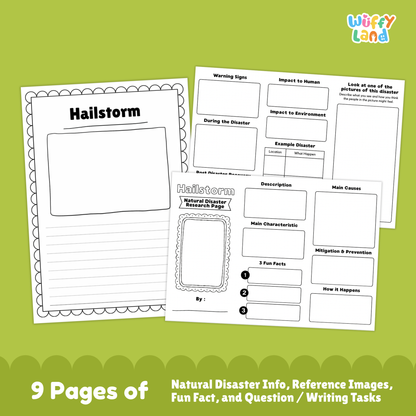 Printable hailstorm research worksheets for kids, including a natural disaster research page, vocabulary sections, picture prompts, main causes, characteristics, prevention steps, impacts, and example events. Pages show images of hail, damaged plants, and activity sheets for writing and labeling