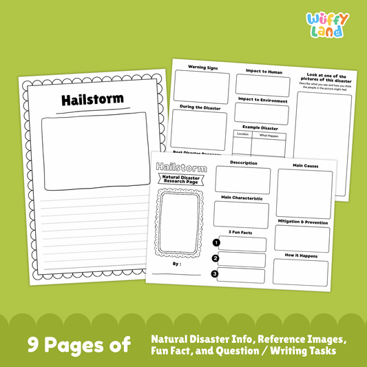 Printable hailstorm research worksheets for kids, including a natural disaster research page, vocabulary sections, picture prompts, main causes, characteristics, prevention steps, impacts, and example events. Pages show images of hail, damaged plants, and activity sheets for writing and labeling